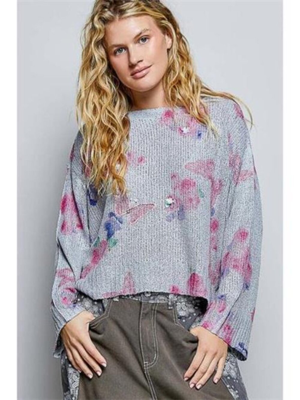 POL Ribbed Butterfly Print Round Neck Knit Top